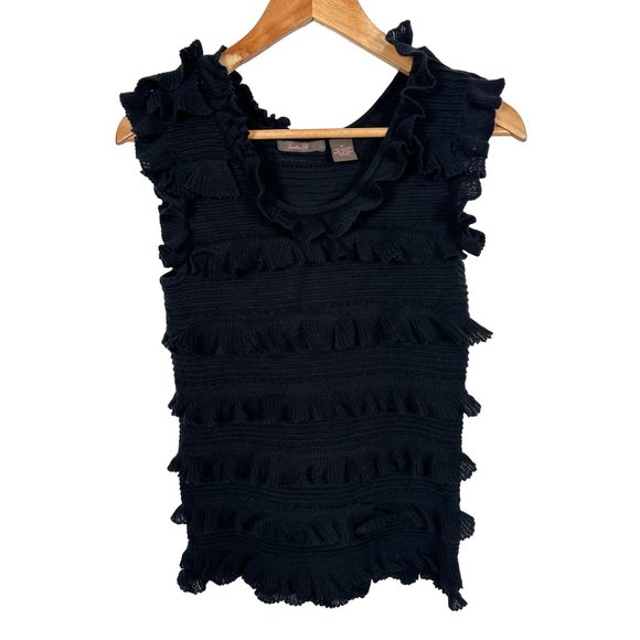 Vintage Y2K Womens Top Black Sleeveless Medium Heather B Ruffled Knit Cotton - Picture 11 of 11
